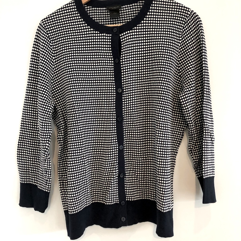 Ann Taylor Navy and White Dot Cardigan